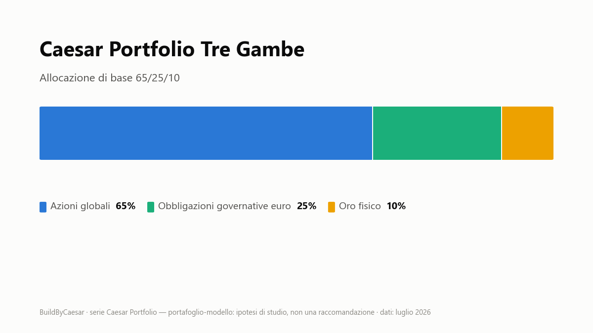 Composizione del Caesar Portfolio Tre Gambe: 65% azioni globali, 25% obbligazioni governative in euro, 10% oro fisico.